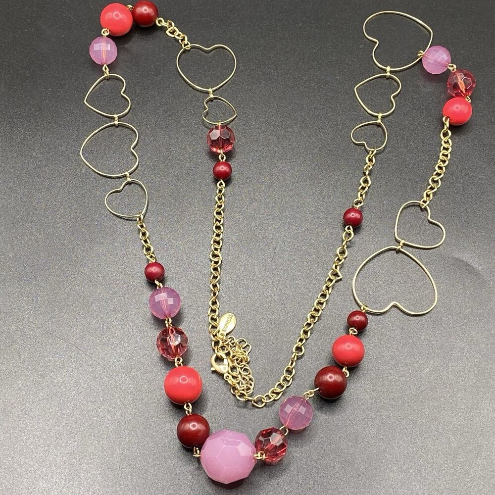 Signed Express Long Heart Necklace Pink Red Acrylic Gold Tone